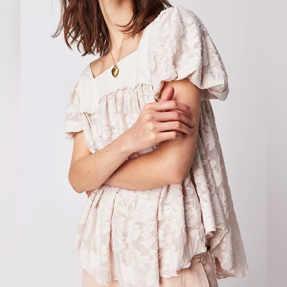 Free People Sunrise to Sunset Floral Lace Puffed Sleeve Babydoll Blouse Size S